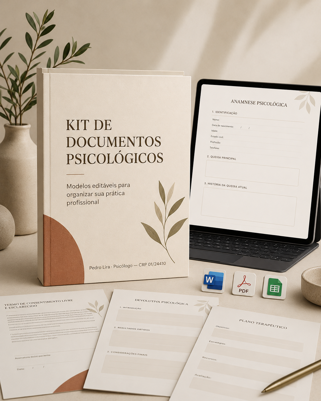 Mockup do Kit de Documentos Psicológicos com capa, tablet e páginas editáveis